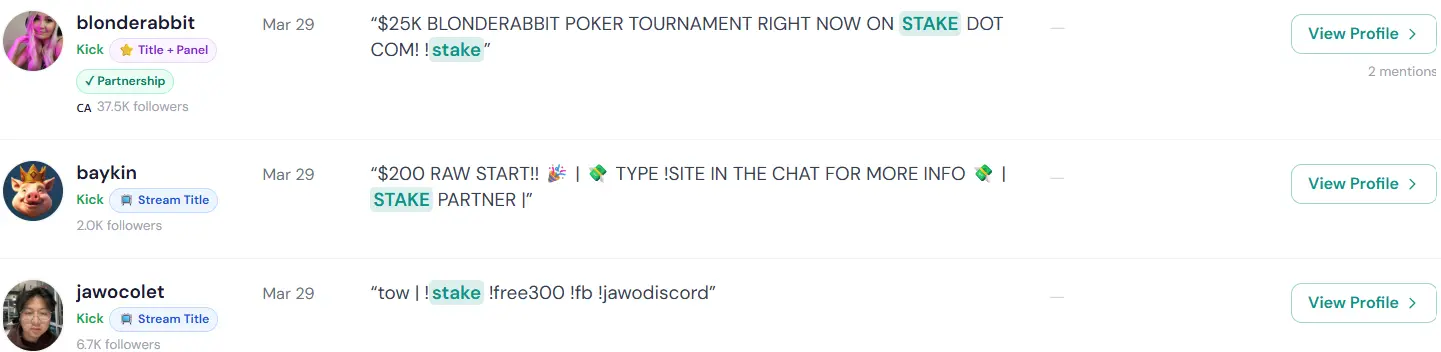 StreamOptima showing Stake partnership detections on Kick — blonderabbit tagged as confirmed Partnership via Title and Panel signals, baykin showing STAKE PARTNER in stream title, jawocolet with !stake command
