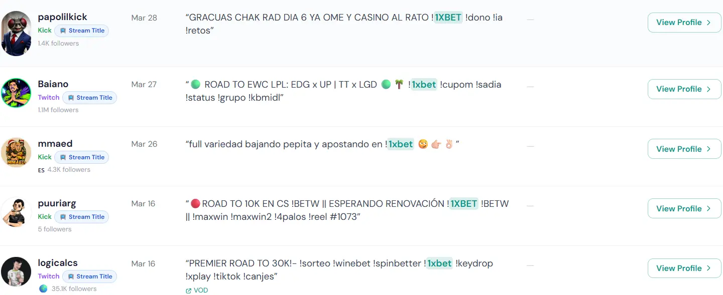 StreamOptima detection feed showing Kick and Twitch streamers promoting 1xBet via !1XBET commands in stream titles, including Baiano with 1.1M followers on Twitch